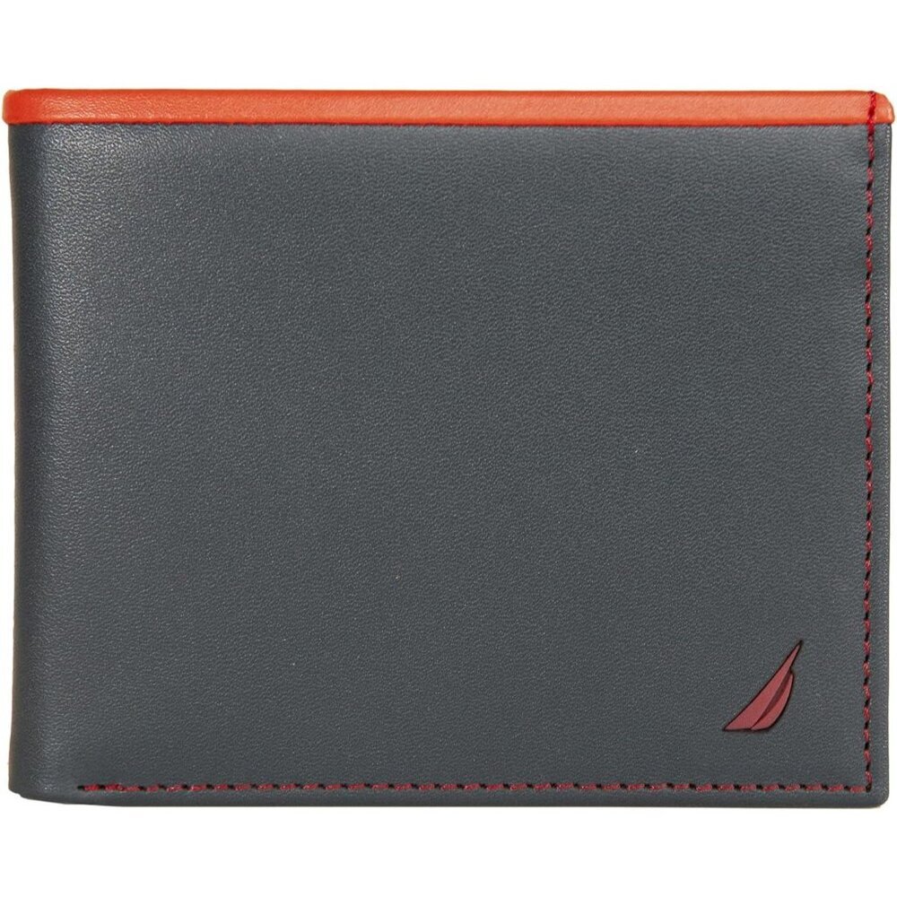 Men's Navy/Red Bifold Leather Wallet RFID Blocking ID Window Card Slots